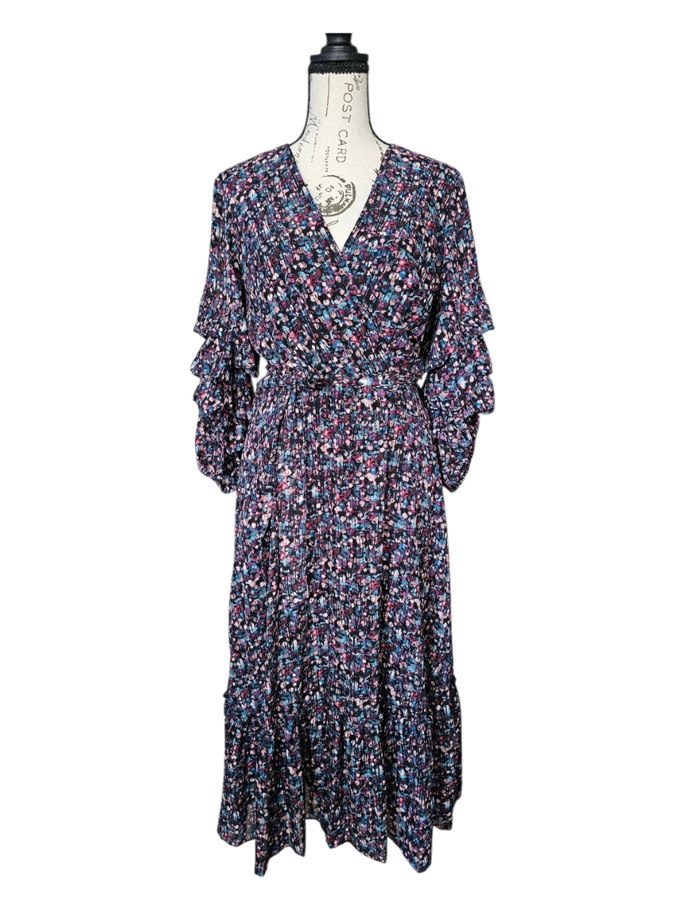 Maison Tara Black w/ Multi Color Tiered Sleeve Tie Dress